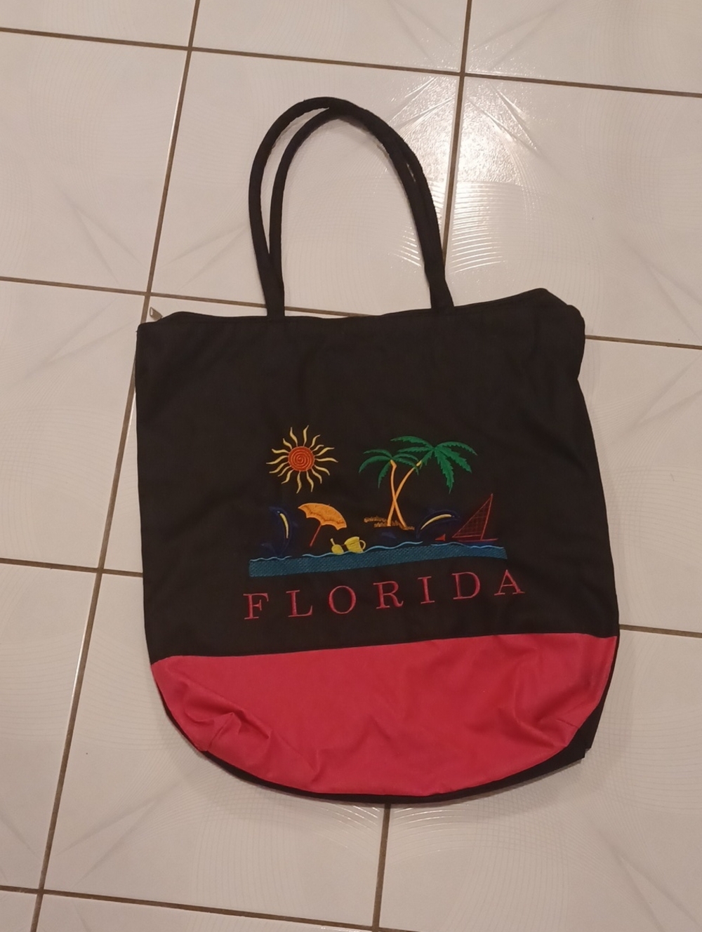 4/$60 Large Florida Embroidered Canvas Tote Bag in Black & Pink